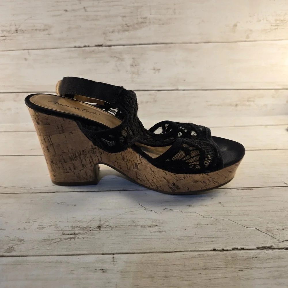 American Eagle Black Lace Cork Wedge Sandals Womens Sz 7 Platform Peep Toe Boho